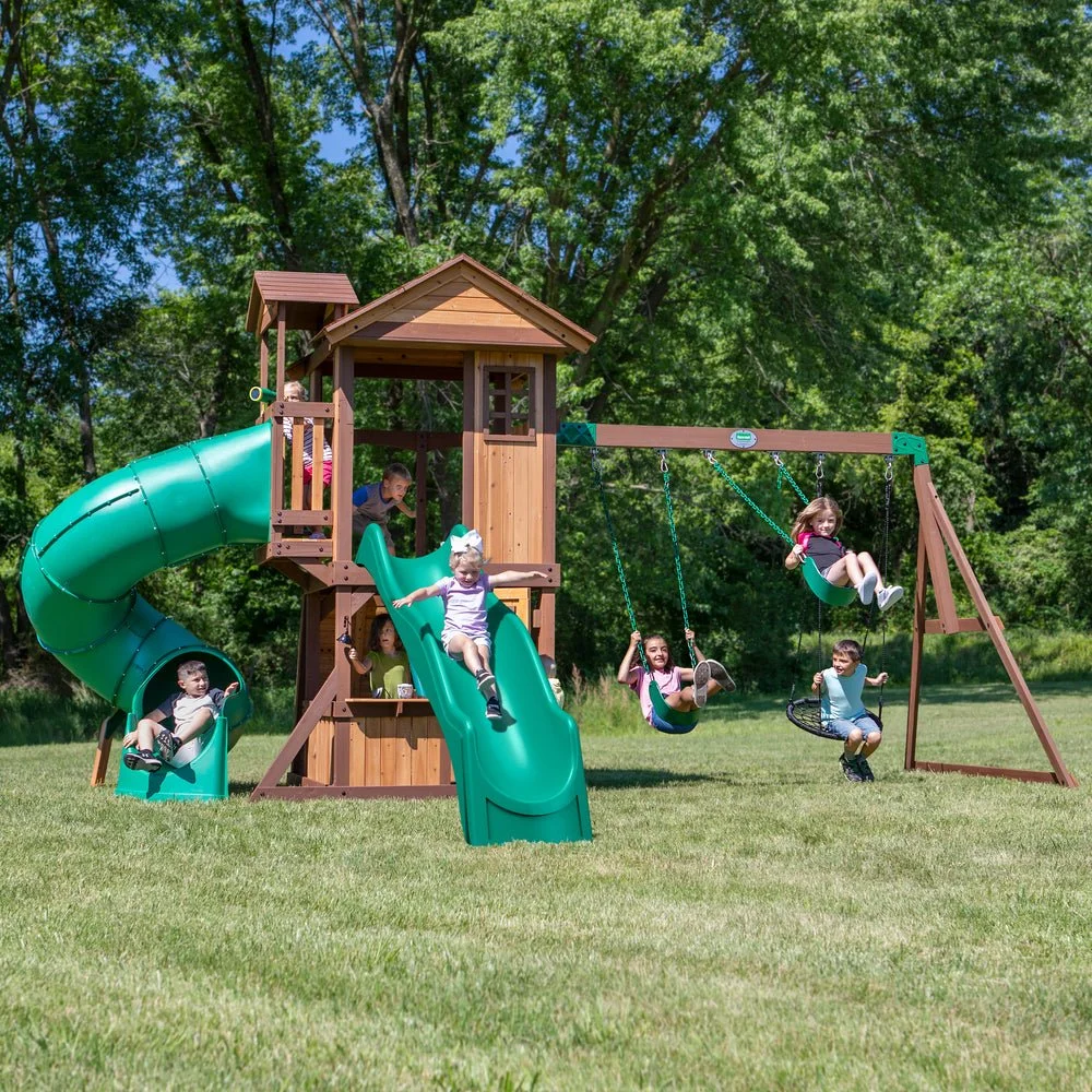 Wooden Swing Set with Slide and Clubhouse