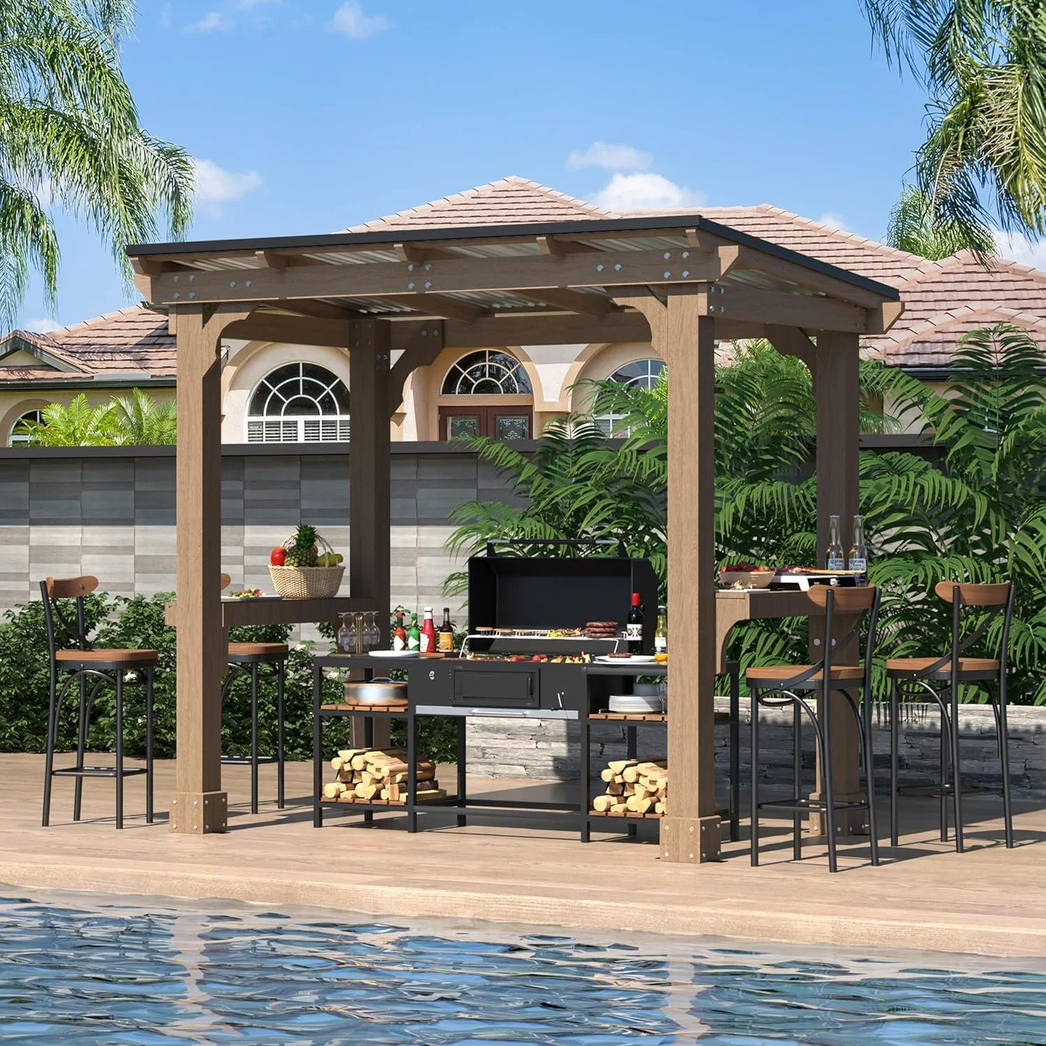 Wooden Grill Gazebo with Steel Roof