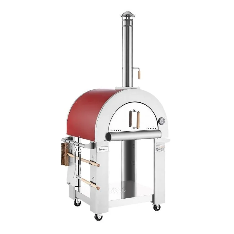 Outdoor Wood-Fired Pizza Oven with Wheels and Accessories, Red