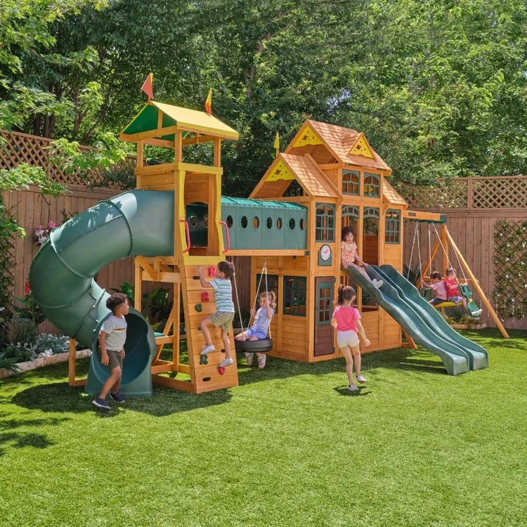 Wooden Lodge Playset with Swings