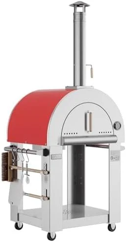 38.6 Inch Outdoor Wood-Fired Pizza Oven with Shelf and Wheels, Red