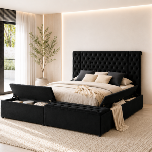 Liam Black Velvet Upholstered Platform Bed – Queen